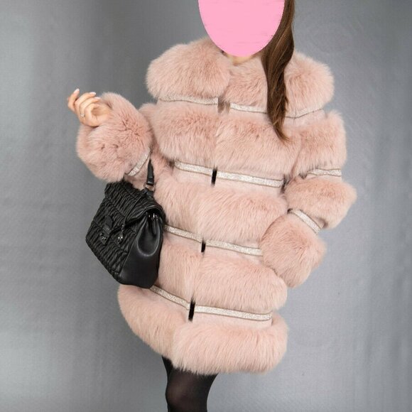 NewReal Fox Fur Paneled Wool Tweed Overcoat Jacket Sequin Rhinestone embellished - Picture 3 of 6